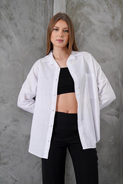 modavingo قميص نسائي من الكتان الأساسي باللون الأبيض