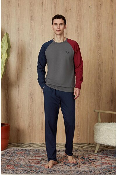 Doreanse Erkek İki Renk Kol Detaylı Lacivert T-Shirt Pijama Takımı 4814