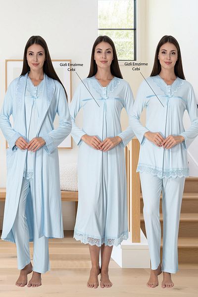 LOHOUSE Set halat și pijama din bumbac albastru - mânecă lungă, set de 4 pe lungime