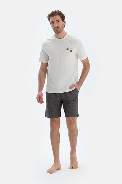 Dagi Ecru Short Sleeve Stitching and Print Detailed T-Shirt Pants Pajama Set