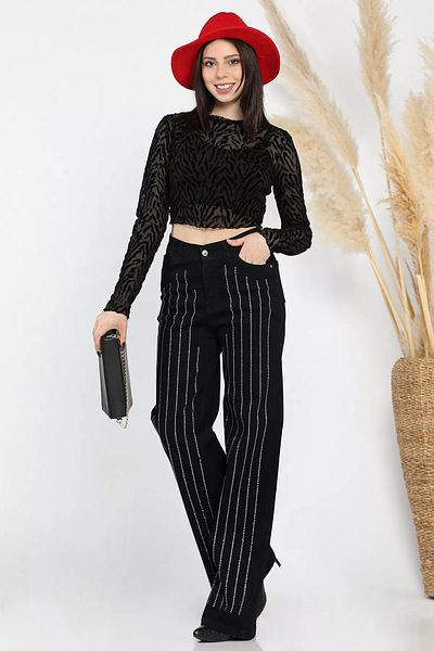 GÜLSELİ Black High Waist Stone Detailed Palazzo Jeans