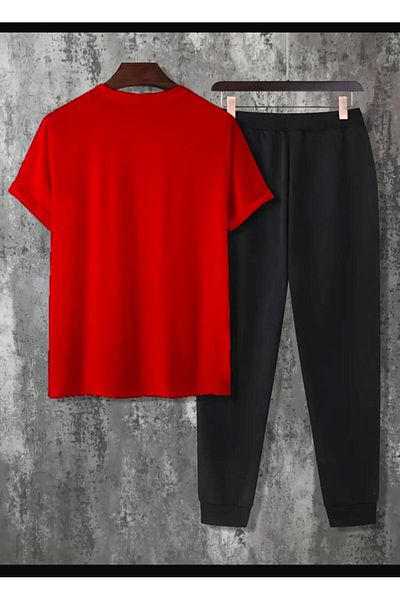 Medinenur Hng Printed T-Shirt Sweatpants Jogger Casual Fit Red Tracksuit Set