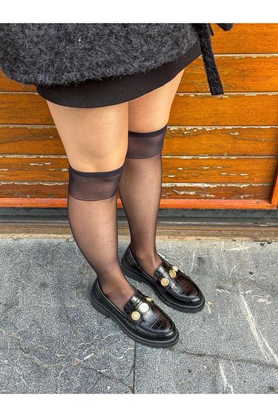 ERVANIN BUTİĞİ Black Crocodile (Vance) Pearl Buckle Detail Women's Loafer