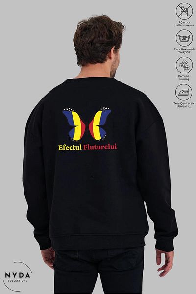 Nyda Collections Unisex Romania Efectul Fluturelui Printed Crew Neck Hoodless Raster Oversize Sweatshirt