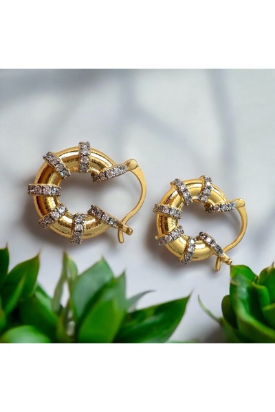 alsaccessories Kadın Altın Kaplama araları Zirkon Taşlı Minimalist Küçük Boy Halka Küpe