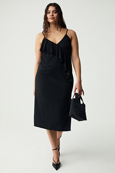 ETHIQUET Julıetbb Rochie neagră de mărime mare pentru femei, cu decolteu în V...