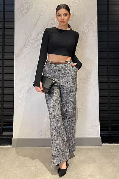 GÜLSELİ Black and Gray Women's High Waist Self Patterned Waist Elastic Winter Wide Leg Palazzo Pants
