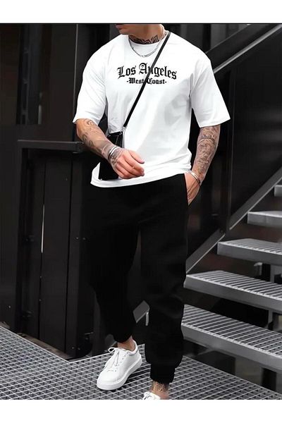 Medinenur Los Angels εμπριμέ μπλουζάκι Φούτερ Jogger Comfortable Fit Σετ αθλητικών