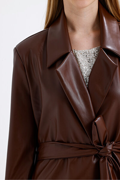 Sense Astarlı Beli Kuşaklı  Apoletli  Suni Deri Trençkot Pardüsü ÇİKOLATA