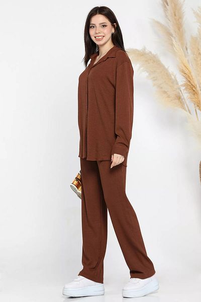 GÜLSELİ Coffee Women's Ribbed Shirt Pants Double Set