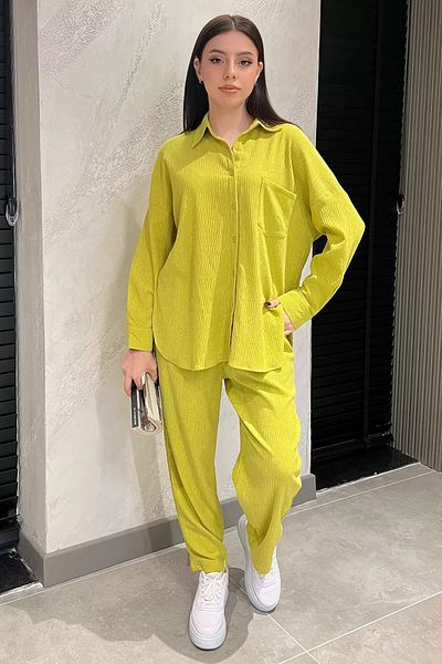 GÜLSELİ Oil Green Women's Shirt Pants Wrap Two-Piece Set
