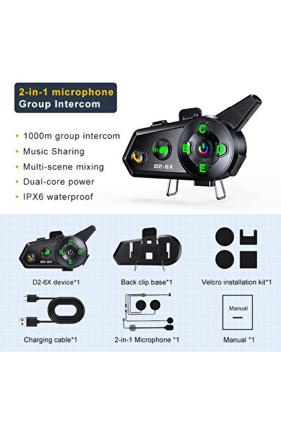 Dynego Intercom 6 Kişilik Motosiklet Kask Bluetooth Seti Su Geçirmez 1000m Mesafeli Müzik Paylaşımlı