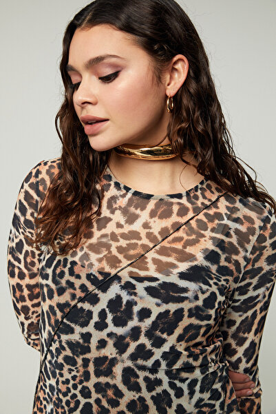 ETHIQUET Ariabb Women's Tulle Mesh Fabric Semi-Lined Back Low-Cut Leopard Print Plus Size Dress