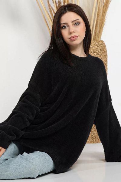 GÜLSELİ Pulover de damă cu barbă, negru, cu gât