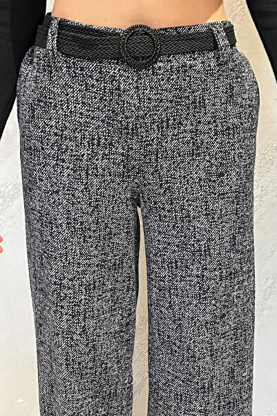 Zehra Gül Lacivert Kadın Kışlık Karyağdı Desenli Pile Detaylı Kemerli Palazzo Pantolon