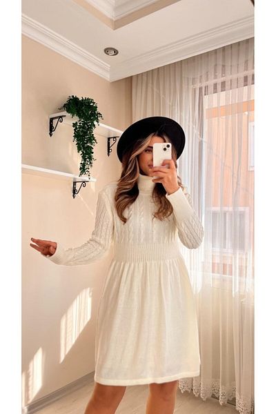 Moka Shopin MokaShopin Rochie de tricotaj scurtă pentru femei, cu mânecă lungă, cu gât țesut, cu guler în talie