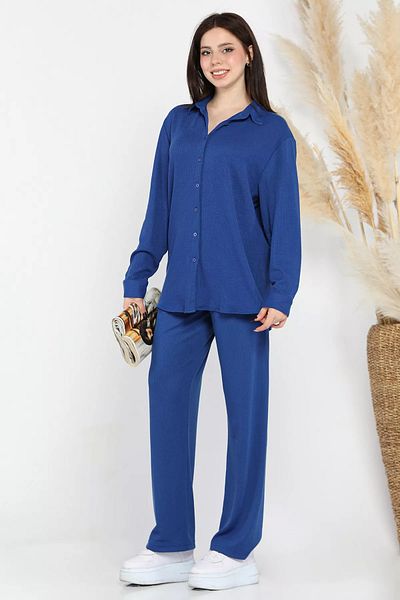 GÜLSELİ Saksblue Women's Ribbed Shirt Pants Double Set