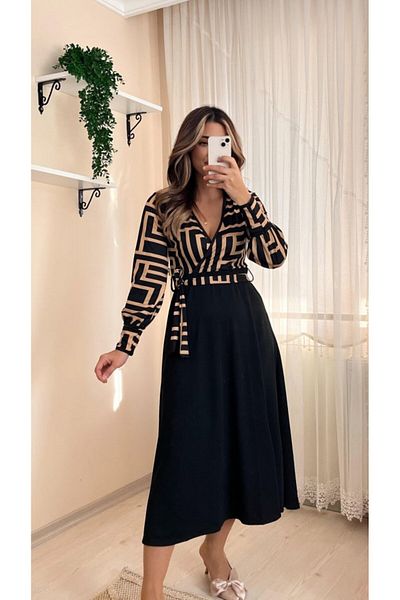 Moka Shopin فستان نسائي متوسط الطول من MokaShopin بأكمام طويلة وياقة مزدوجة الصدر