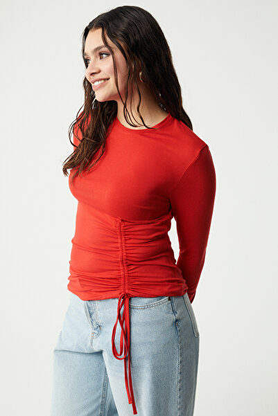 ETHIQUET Sablebb Women's Viscose Body Hugging Fabric Drawstring Detail Tie up Red Plus Size Blouse