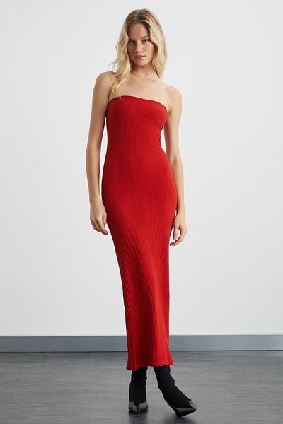 GRIMELANGE Dellılah Women's Wide Fit Stretchy Fabric Bodycon Strapless Slit Red Dress