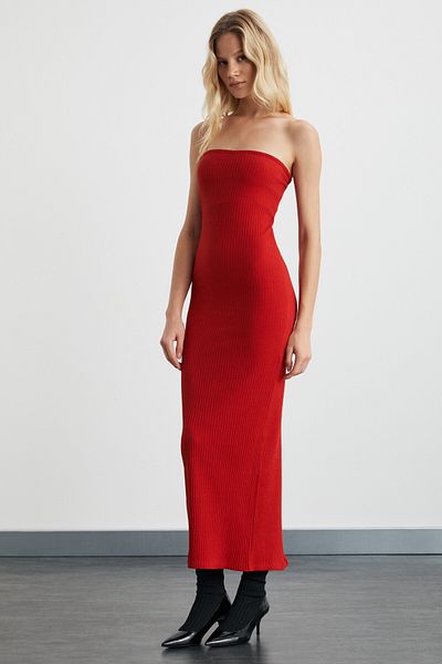 GRIMELANGE Dellılah Women's Wide Fit Stretchy Fabric Bodycon Strapless Slit Red Dress