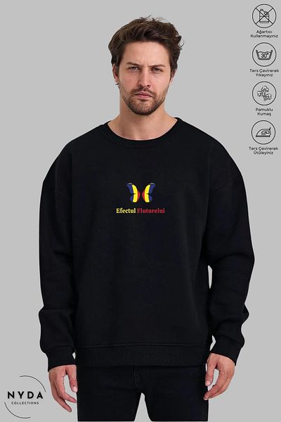 Nyda Collections Unisex Romania Efectul Fluturelui Printed Crew Neck Hoodless Raster Oversize Sweatshirt