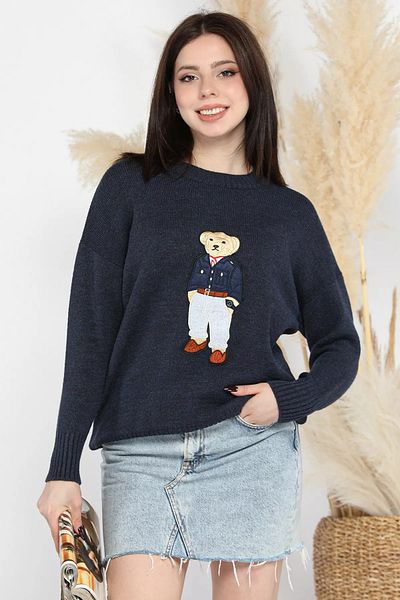 GÜLSELİ Navy Blue Applique Bear Women's Knitwear Sweater