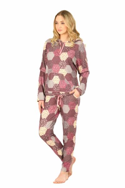 Rolypoly Jiber Kadın Gül Kurusu Kapuşonlu Cepli Pijama Takımı Jbr-3910