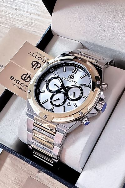 Bigotti Custom Boxed 5 Atm Waterproof Men Wristwatch Silver Gold Color Steel Band+Gift Bracelet Bme2020C3