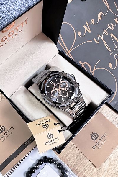 Bigotti Custom Boxed 5 Atm Waterproof Men Wristwatch Smoked Color Steel Band + Gift Bracelet Bme2020C1