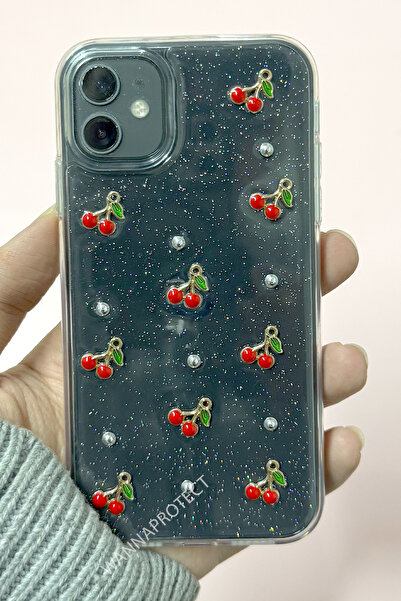 WANNA PROTECT iPhone 12 / 12 pro Uyumlu Kiraz Desenli Şeffaf Kapak Simli Darb...