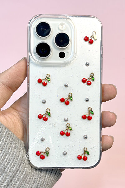 WANNA PROTECT iPhone 16 Pro Max Uyumlu Kiraz Desenli Şeffaf Kapak Simli Darbe...