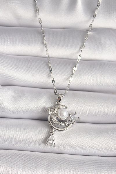 Clariss 316L Steel Silver Color Zircon Stone Moon Star Dangle Detail Women's Necklace