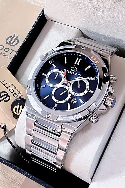 Bigotti 5 Atm Waterproof Men's Silver Color Wrist Watch and Bracelet Set - C1Bme2019