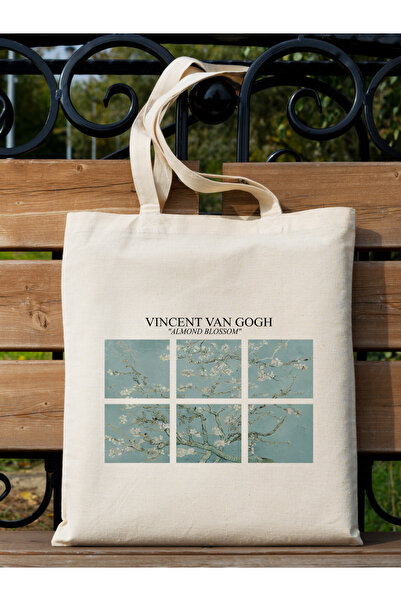 Cemira Almond Blossom - Vincent Van Gogh Tasarım Ham Bez Tote Bag Çanta, Pinterest Çanta