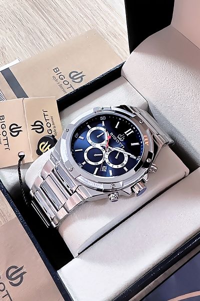 Bigotti Custom Boxed 5 Atm Waterproof Men Wristwatch Silver Color Steel Band + Gift Bracelet Bme2020C4