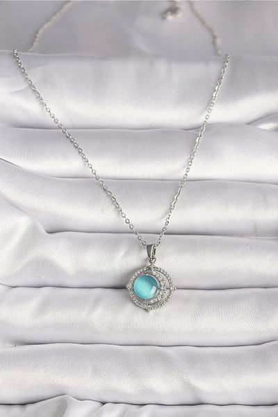 Clariss 316L Steel Silver Color Zircon Stone Blue Pearlescent Crescent Model Women's Necklace