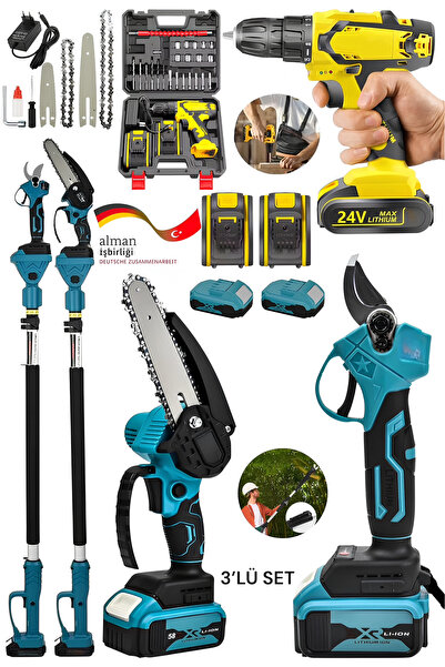 SCHUTZENGER 3'lü Şarjlı Teleskopik Dal Budama Bağ Makası-Zinçirli Testere-Şar...