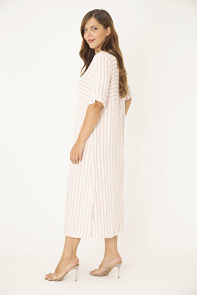 Şans Women's Large Size Pink Collar Lace Detailed Stripe Combination Dress 65N36787