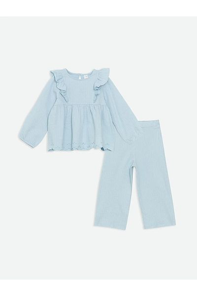 LC Waikiki طقم تي شيرت وسروال للفتيات الصغيرات باللون الأزرق من LCW Kids مكون من قطعتين