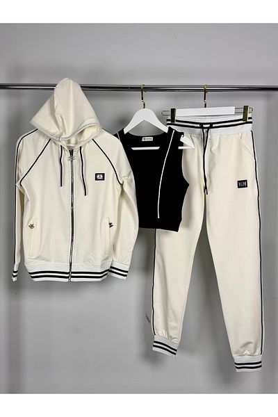 Posh Chic 3-Piece Women's Tracksuit Set with Black-Cream Detail - Comfortable and Stylish Design