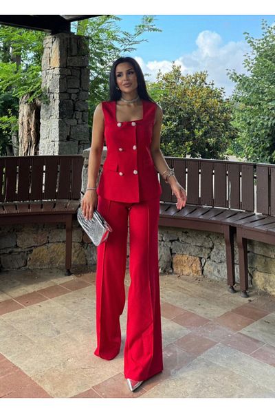 pembekurdelem Set roșu de vestă și pantaloni clasici pentru femei - guler pătrat