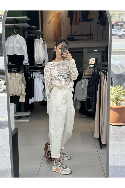 İstanbul Keten Havuç Paça Pantolon-M - KREM