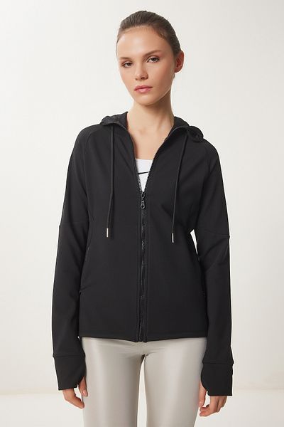 Lovelyİstanbul Finger Detailed Hooded Zippered Knitted Sweatshirt Black Lvx0007