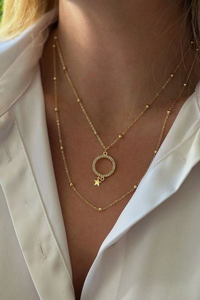 Trendy Butik قلادة بسلسلتين على شكل دائرة من حجر الزركون
