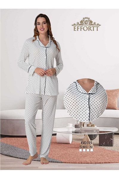 Maison Mila Set de pijamale Effortt bleumarin cu buline, cu nasturi în față