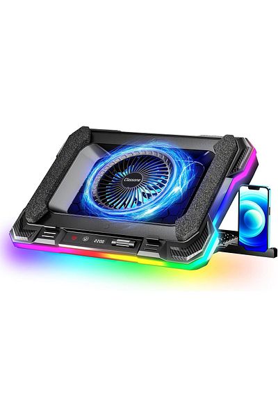 salesalbutik FikirShop GT100 مبرد كمبيوتر محمول للألعاب 2200 دورة في الدقيقة، مزود بإضاءة RGB، حامل مبرد للكمبيوتر المحمول بشاشة LED