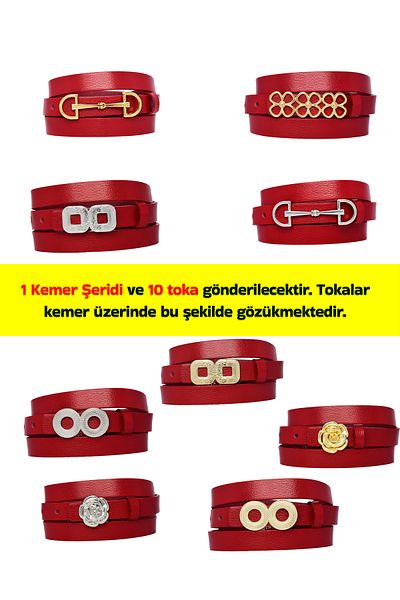GoDeri Κόκκινο σετ γυναικείας ζώνης από γνήσιο δέρμα - 2 cm, 1 λωρίδα ζώνης και 10 αντικαταστάσιμες πόρπες
