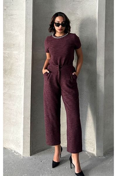 Zeynep Öykü Style Women's Burgundy Jacquard Trousers