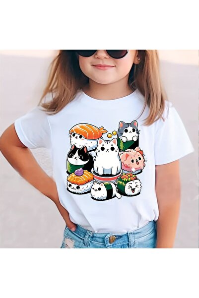 GALASHOP Kızlar için Sevimli Sushi Kedi Grafikli Tişört